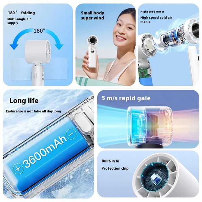 WT22 Portable Mini Fan Rechargeable Turbo Fan 5 Gear Foldable Handheld Cooling Fan with Digital Display - White - 4