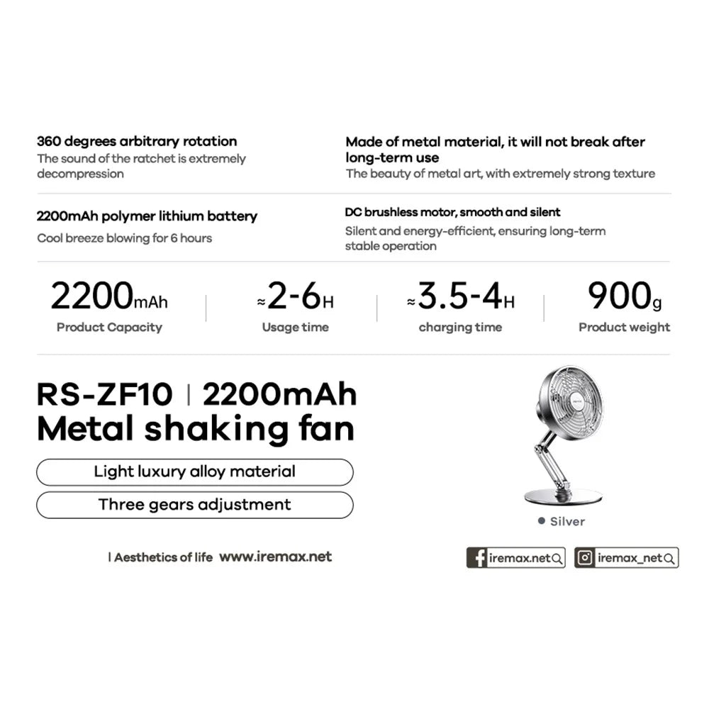 REMAX RS-ZF10 Metal Rotating Fan Rechargeable Portable Desk Fan 360-Degree Adjustable Fan For Home - 3