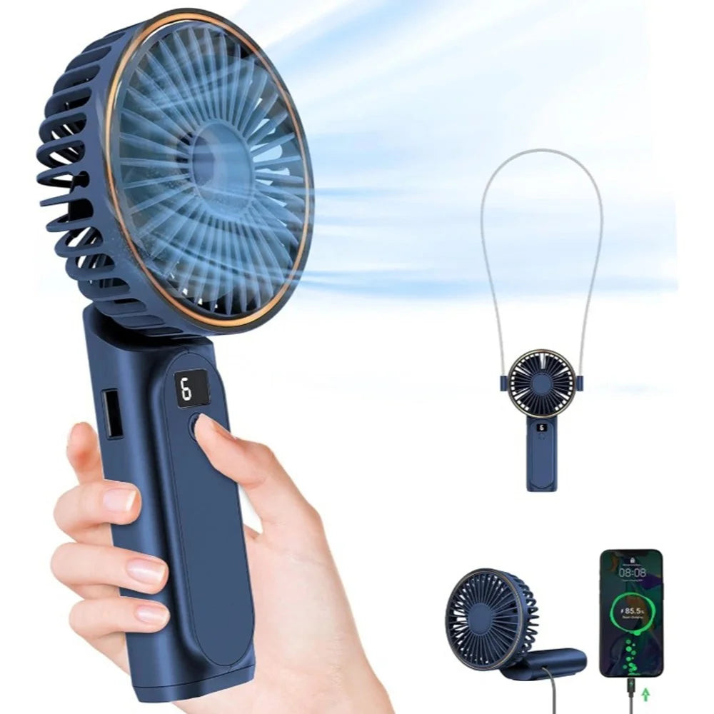 M12 Summer Cooling Handheld Fan USB Rechargeable Mini Foldable Desktop Fan with Neck Strap - Blue - 1