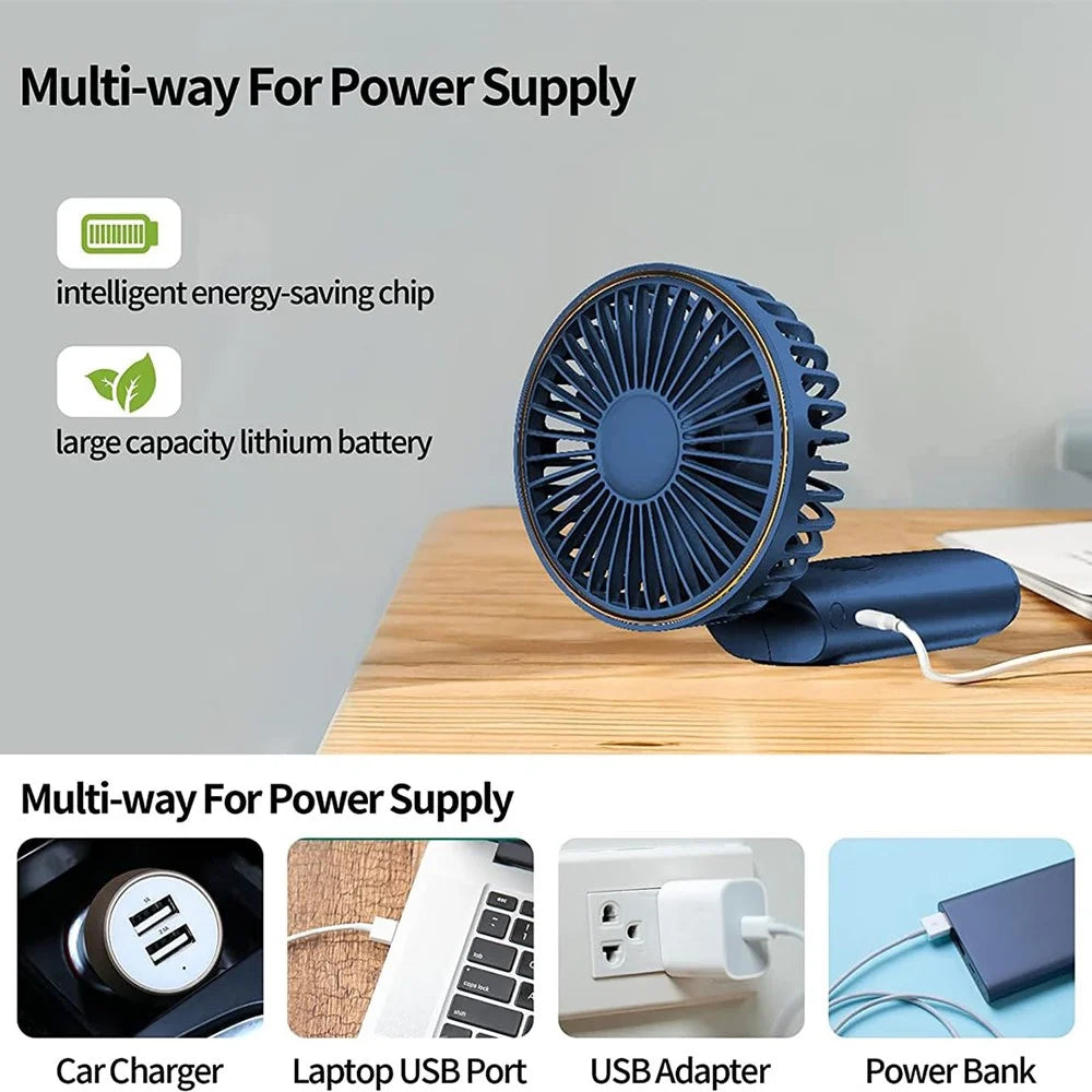 M12 Summer Cooling Handheld Fan USB Rechargeable Mini Foldable Desktop Fan with Neck Strap - Blue - 5