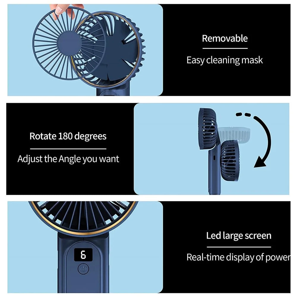 M12 Summer Cooling Handheld Fan USB Rechargeable Mini Foldable Desktop Fan with Neck Strap - Blue - 6