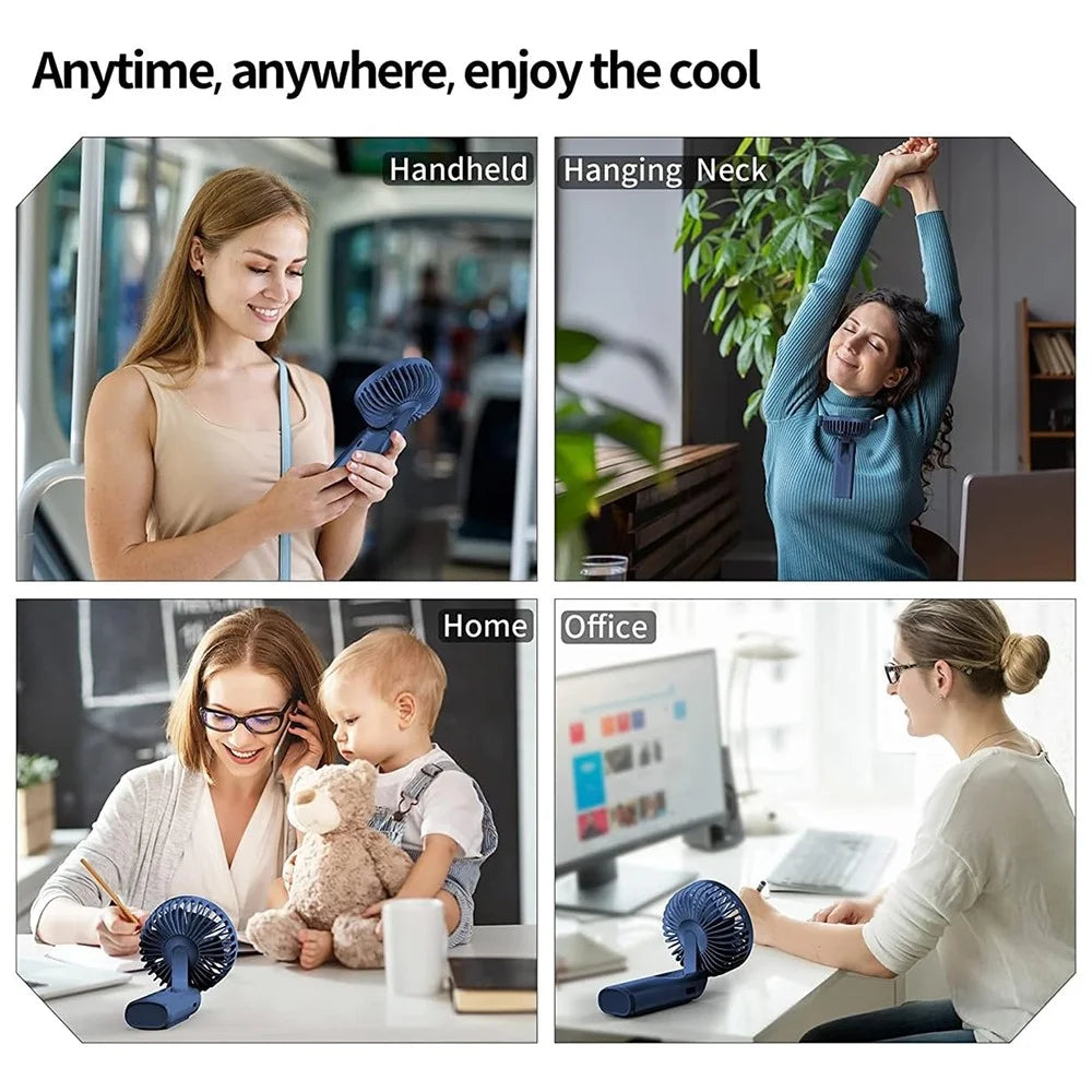 M12 Summer Cooling Handheld Fan USB Rechargeable Mini Foldable Desktop Fan with Neck Strap - Blue - 7