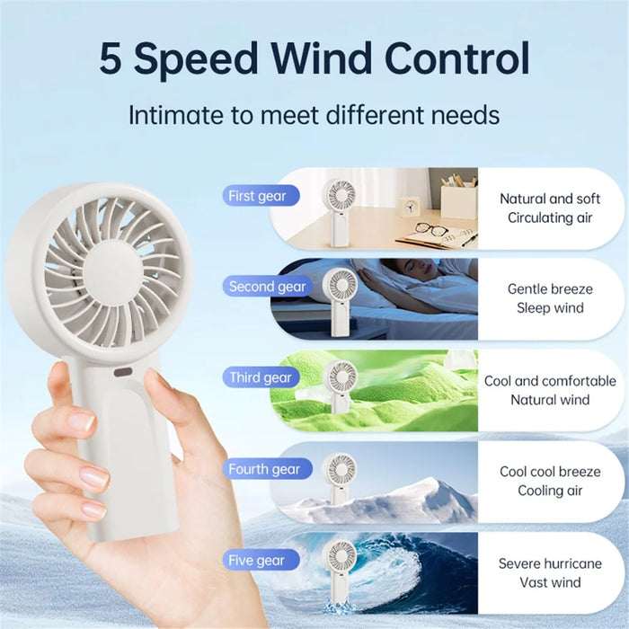 Handheld Fan USB Rechargeable Portable Powerful Airflow 5 Wind Speed Cooling Fan - Black - 5