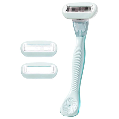 Manual Hair Removal Razor for Women Legs Underarms Bikini Area Long Handle Trimmer, 1 Handle + 2 Heads - Green - 1