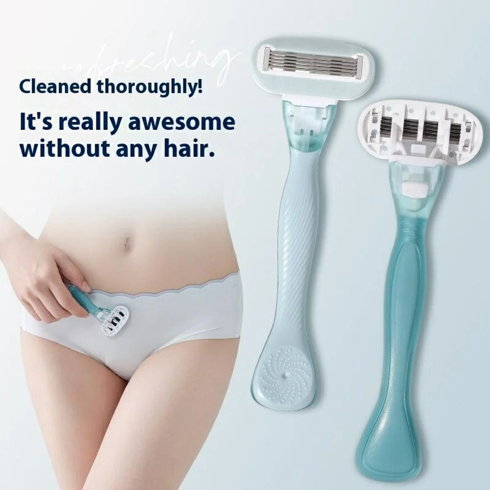 Manual Hair Removal Razor for Women Legs Underarms Bikini Area Long Handle Trimmer, 1 Handle + 2 Heads - Green - 2