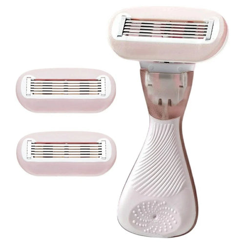 Manual Hair Removal Razor for Women Portable Shaver Bikini Area Body Trimmer, 1 Handle + 2 Heads - Pink - 1