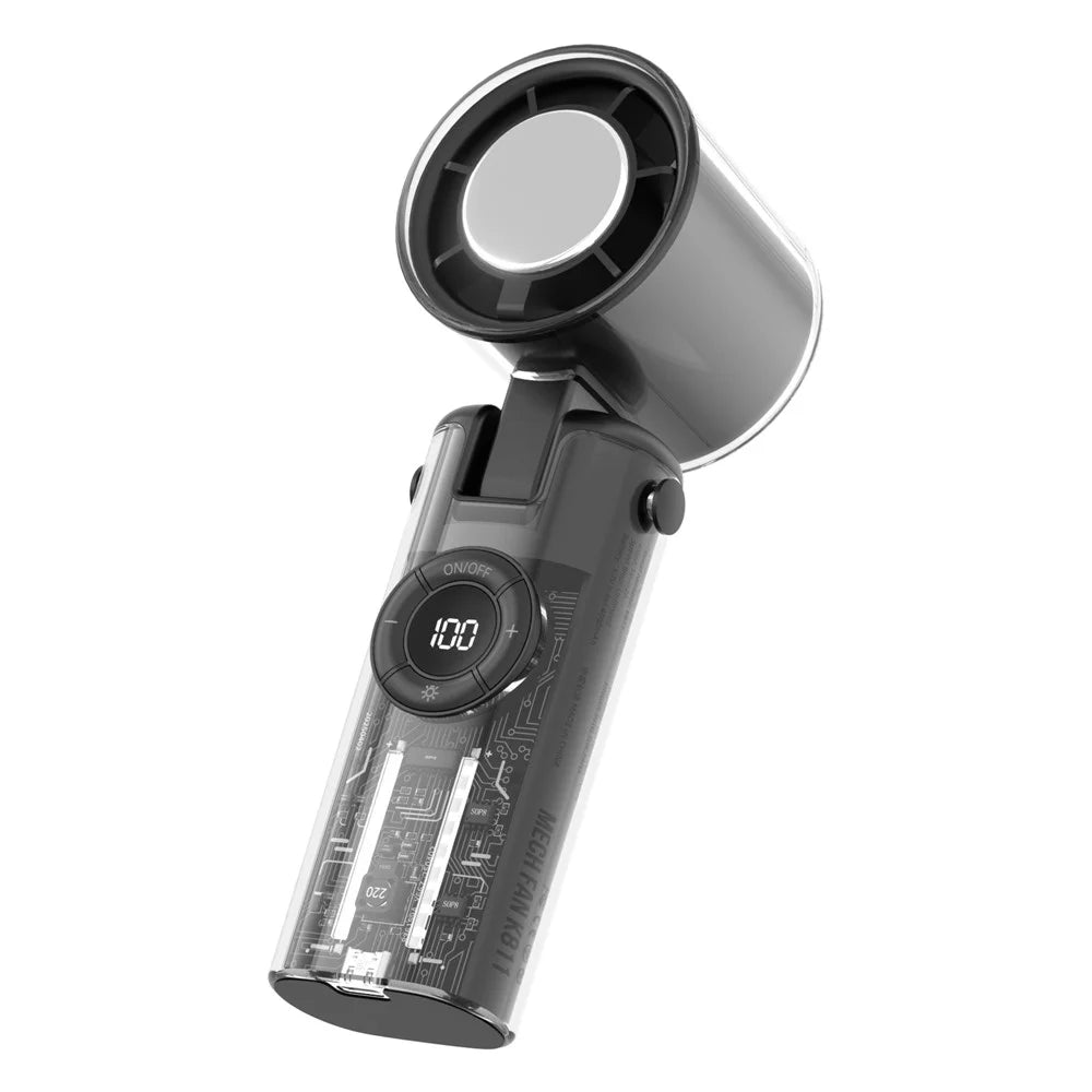 K-811 Transparent Mecha Handheld Fan 100 Speeds Adjustable Foldable Cooling Fan with Flashlight - Black - 1
