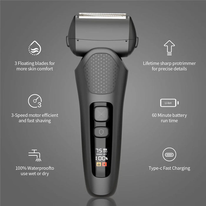 LED Display Rechargeable Electric Shaver for Men 3 Blades Rotary Razor Waterproof Cordless Trimmer - Black - 3