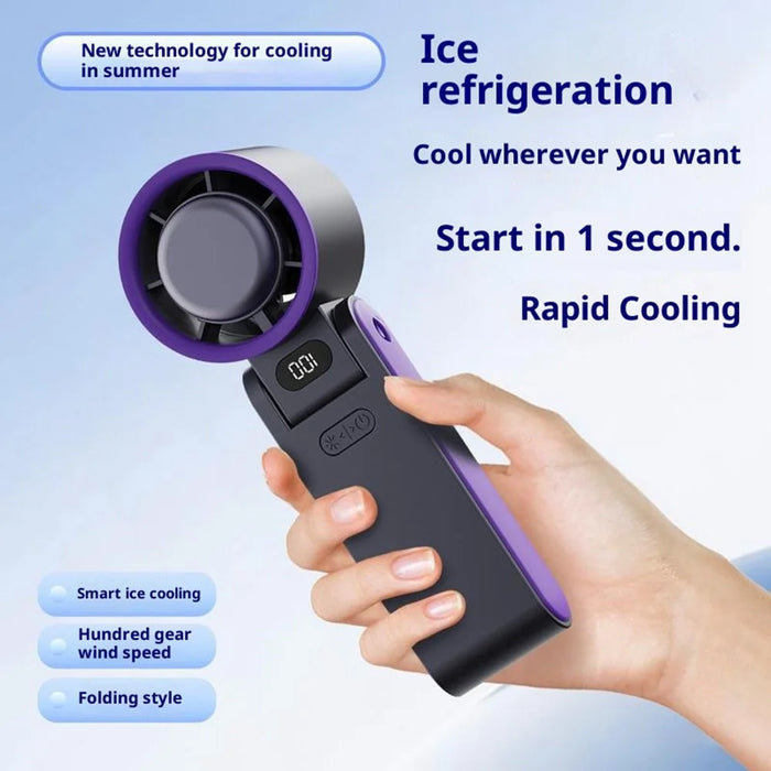 Y19 Digital Display Folding Handheld Fan 100 Speeds Adjustable Cold Compress Summer Cooling Fan with Lanyard - Grey - 2