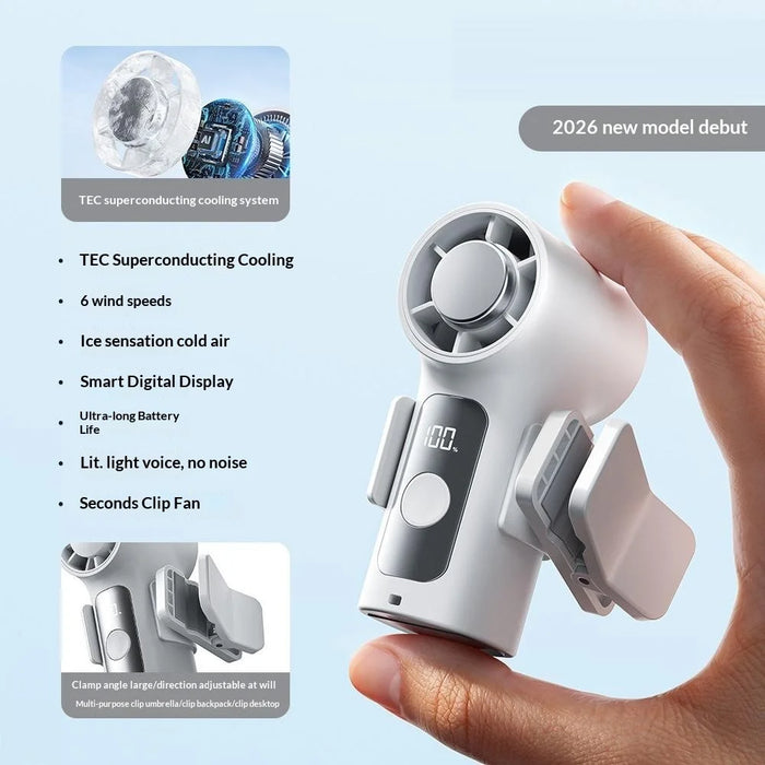 YS-G10 Mini Handheld Fan Built-in 3000mAh Battery Semiconductor Cold Compress LED Display Clip-on Fan for Travel Outdoor - White - 2