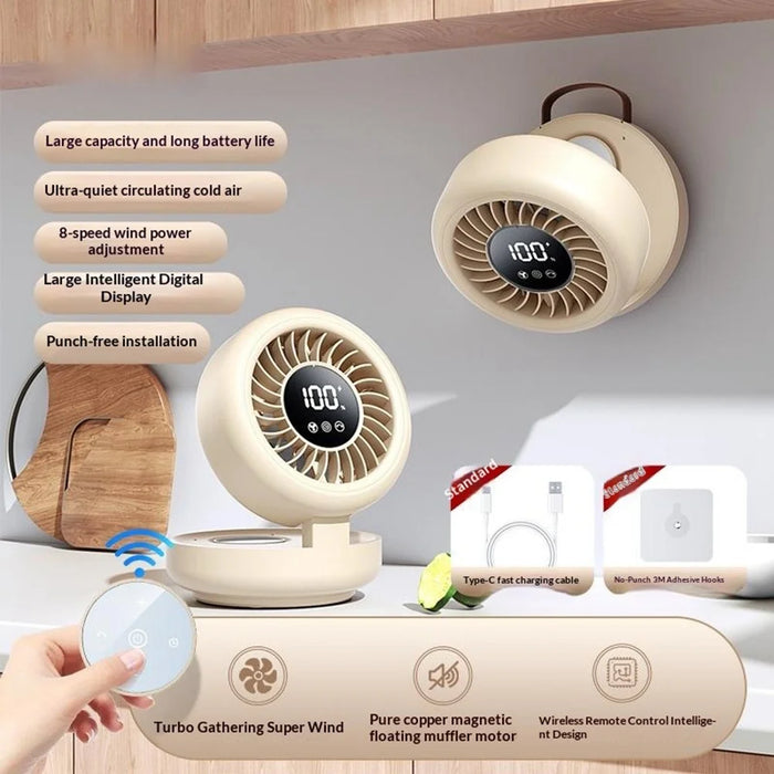 YS-G3 Automatic Oscillating Desk Fan 8 Speeds Adjustable Digital Display Foldable Wall Mount Fan with Remote, Built-in 8000mAh Battery - Khaki - 2