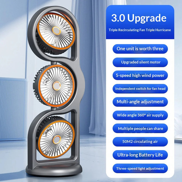 3-Head Desktop Fan USB Rechargeable 5 Modes Portable Circulating Fan for Outdoor Travel Office - Gray - 2