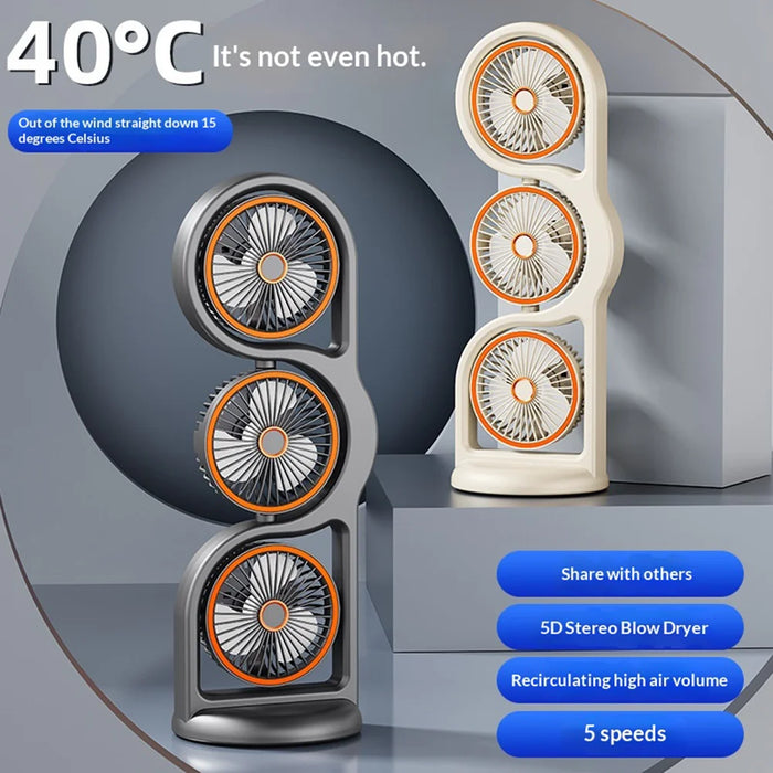 3-Head Desktop Fan USB Rechargeable 5 Modes Portable Circulating Fan for Outdoor Travel Office - Gray - 6