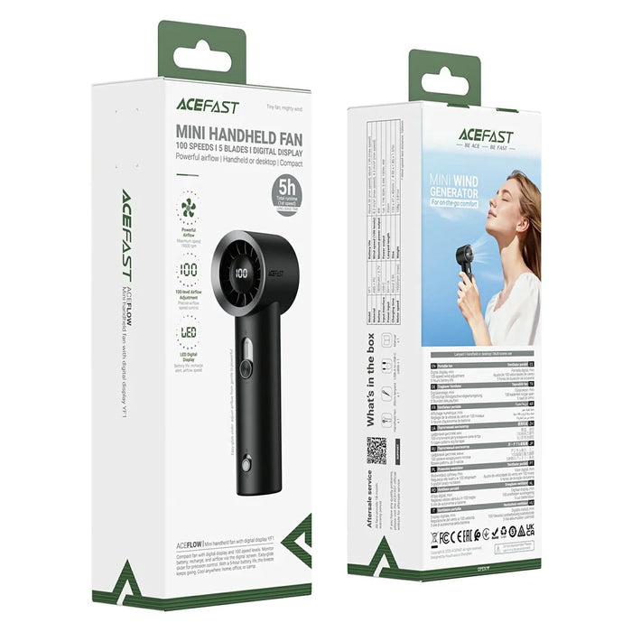 ACEFAST YF1 Mini Handheld Fan Digital Display 100 Wind Speed Adjustment USB-C Rechargeable Portable Fan - Black - 7
