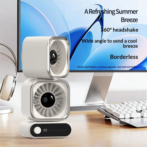Dual Head 360 Degree Oscillating Desktop Fan 100-Level Stepless Speed Rechargeable Air Circulation Fan - Beige - 2