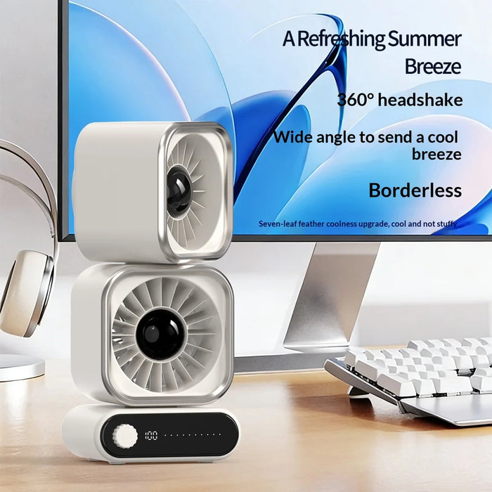 Dual Head 360 Degree Oscillating Desktop Fan 100-Level Stepless Speed Rechargeable Air Circulation Fan - Beige - 2