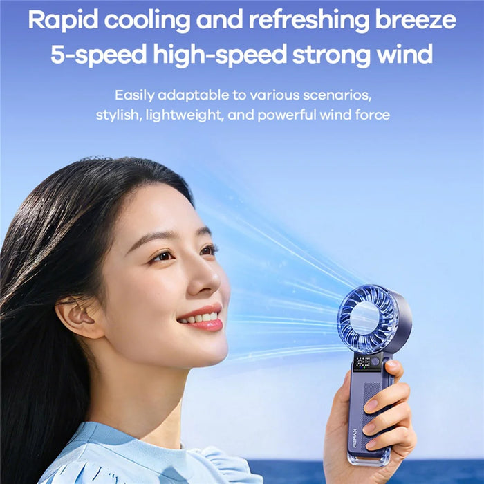 REMAX RS-SF27 Foldable Handheld Fan Semiconductor Cooling Digital Display 5-Speed Desktop Fan - Blue - 2