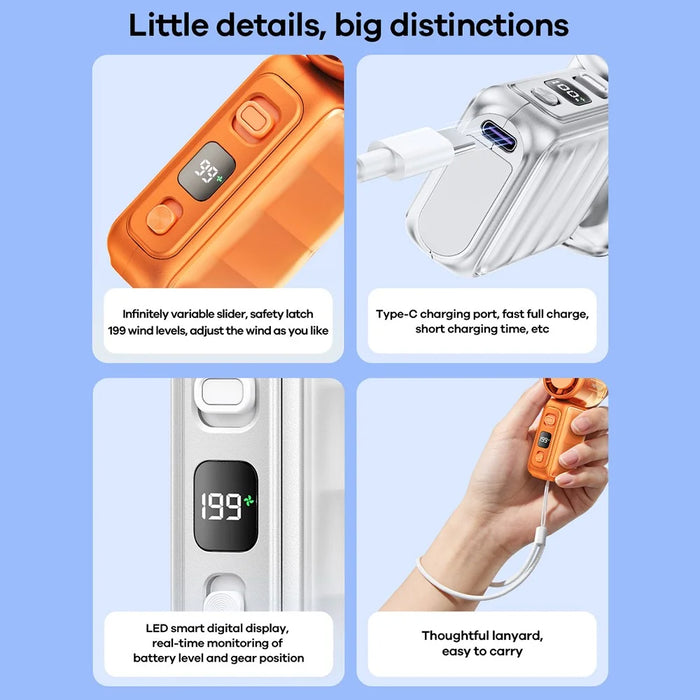 REMAX RS-SF25 Handheld Mini Fan Portable Fan 199 Speed Levels LED Display Cooling Fan for Travel Outdoor - Orange - 6