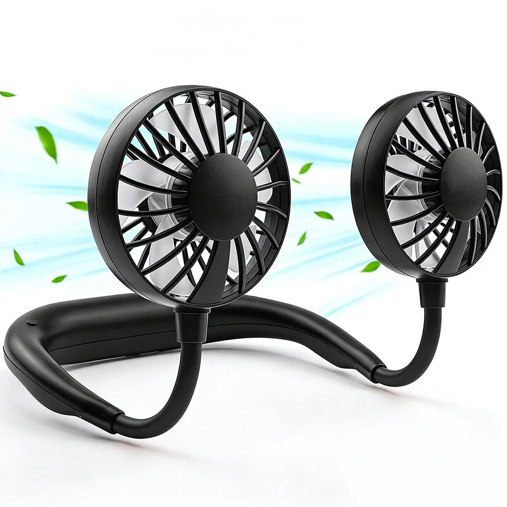 ZY-A2 3-Speed Adjustable Neck Fan Hands Free Wearable Dual Head Fan for Outdoor Sports - Black - 1