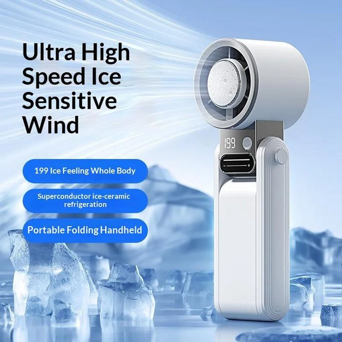 Y38 Foldable Handheld Fan 3000mAh Semiconductor Ice Cooling 199-Speed LED Digital Display Mini Fan for Outdoor - White - 3