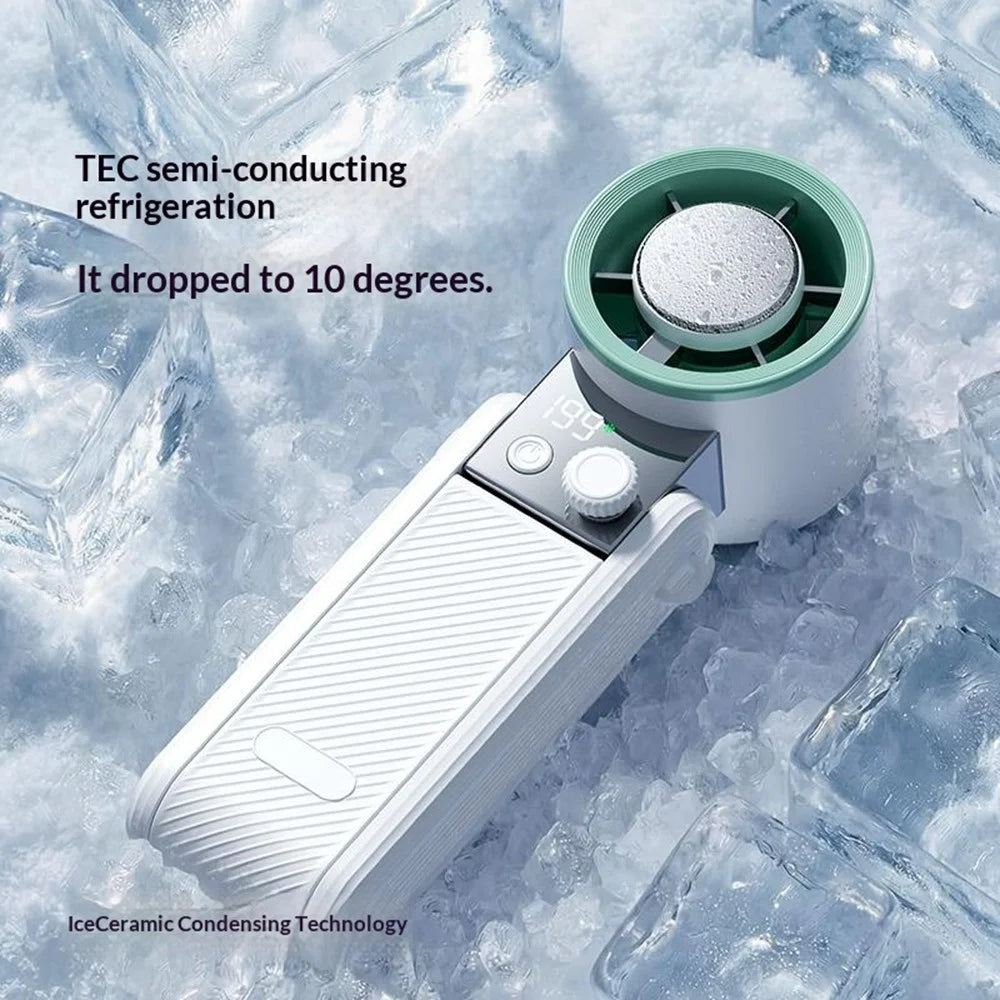 Y39 Folding Handheld Cooling Fan 3000mAh TEC Semiconductor Ice 199-Speed Levels Mini Fan for Outdoor Indoor - White - 3