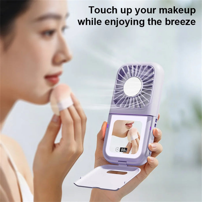 Handheld Portable Cooling Fan LED Light 100-Speed Semiconductor USB Rechargeable Mini Neck Fan with Makeup Mirror - Purple - 2