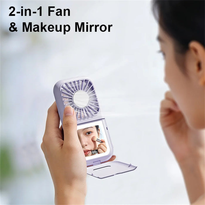 Handheld Portable Cooling Fan LED Light 100-Speed Semiconductor USB Rechargeable Mini Neck Fan with Makeup Mirror - Purple - 7