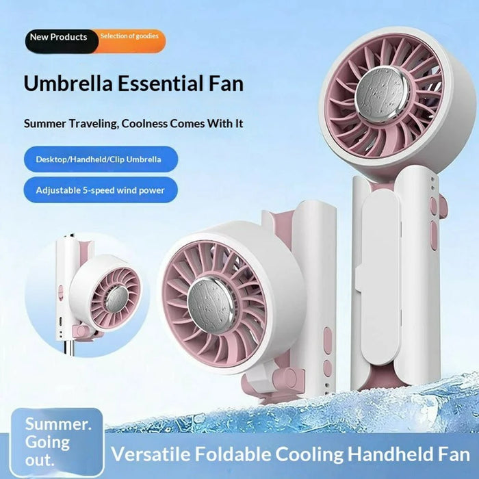 Mini Folding Fan Ice Cooling 5-Speed Handheld Portable Desktop Umbrella Clip Fan for Summer - White / Pink - 2
