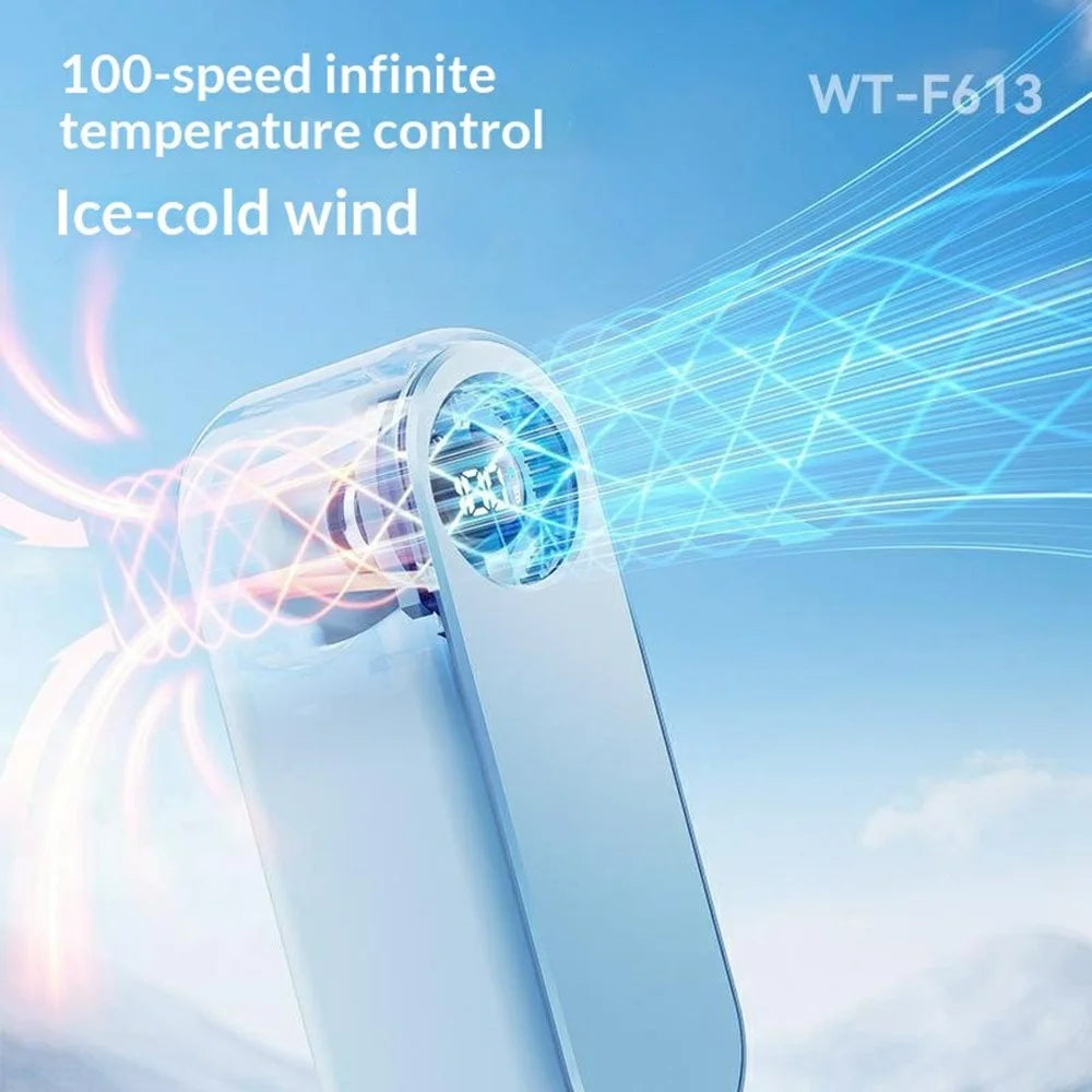 WT-F613 Mini Handheld Neck Fan 4500mAh 100-Speed Digital Display Semiconductor Cooling Fan for Indoor Outdoor - Blue - 4