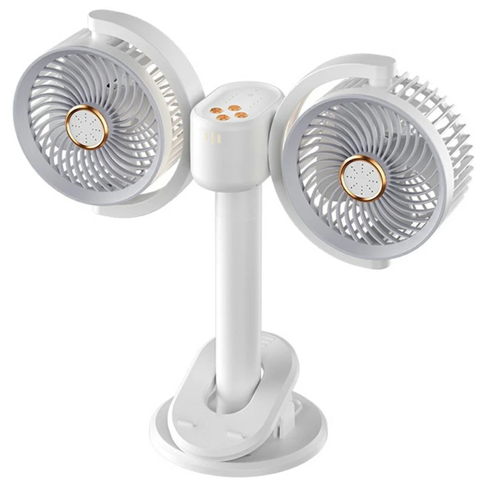 Dual Head Desktop Fan Clip Wall Mount Stand 4-Speed LED Light Aromatherapy Timer USB-C Charging Clamp Fan - White - 1
