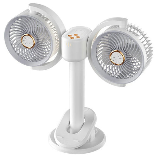 Dual Head Desktop Fan Clip Wall Mount Stand 4-Speed LED Light Aromatherapy Timer USB-C Charging Clamp Fan - White - 1