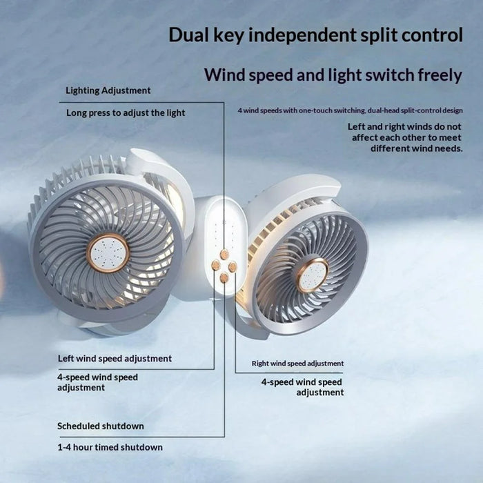 Dual Head Desktop Fan Clip Wall Mount Stand 4-Speed LED Light Aromatherapy Timer USB-C Charging Clamp Fan - White - 3
