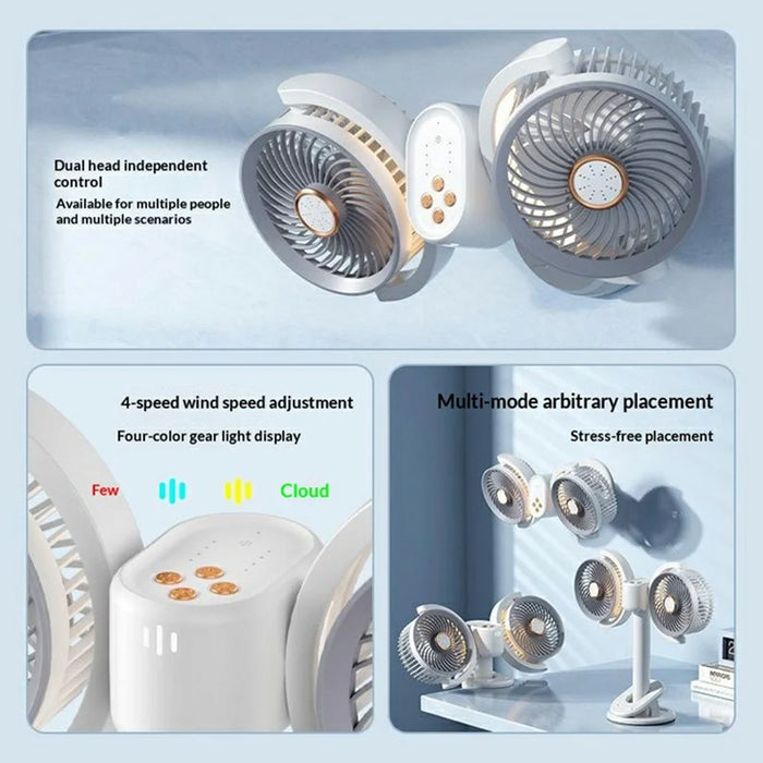 Dual Head Desktop Fan Clip Wall Mount Stand 4-Speed LED Light Aromatherapy Timer USB-C Charging Clamp Fan - White - 5
