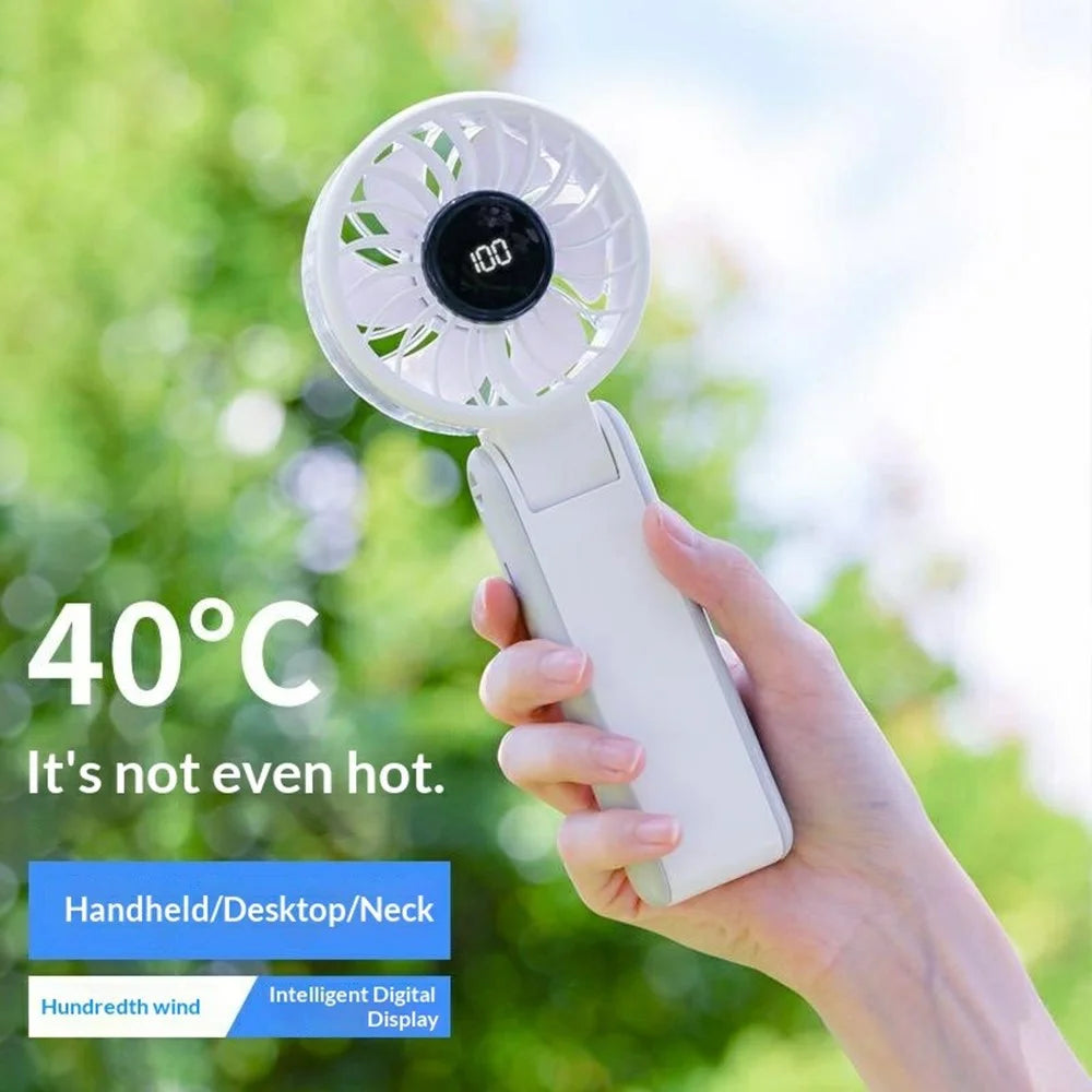 RD26 Folding Fan 100-Speed Adjustable 3000mAh Handheld Desktop Neck Hanging Mini Fan with LED Display - White - 3