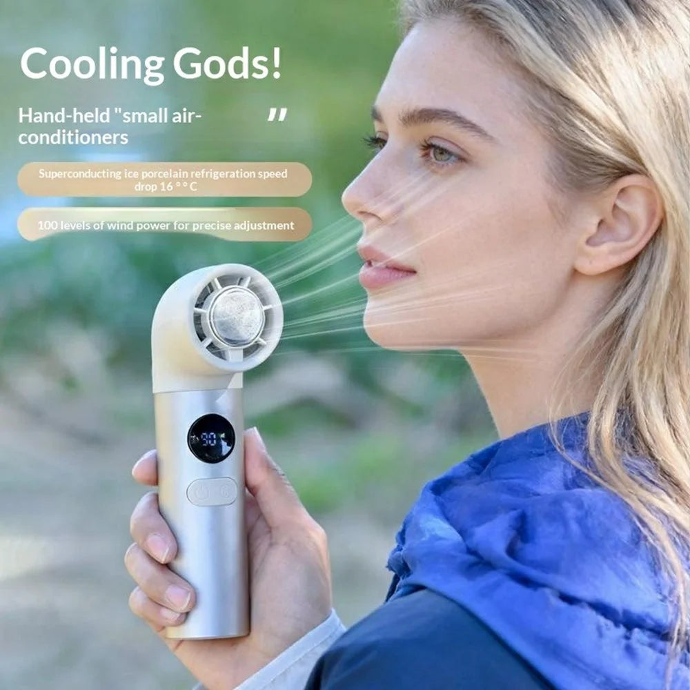 H27 Portable Handheld Cooling Fan 3000mAh 18000RPM 100-Speed Cold Compress Desktop Fan for Outdoor Travel - Champagne Gold - 3