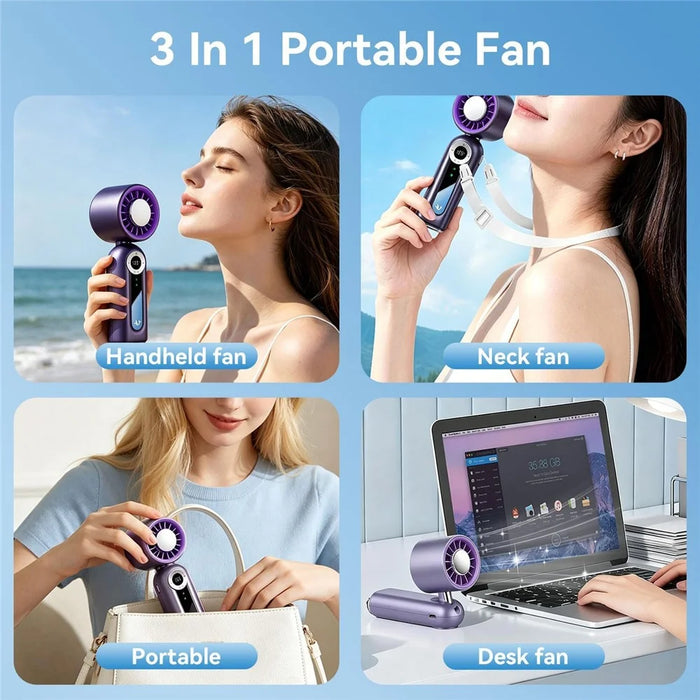 JF163 3-in-1 Portable Cooling Fan 4000mAh USB-C Rechargeable Desktop Handheld Foldable Neck Hanging Fan - Grey - 3