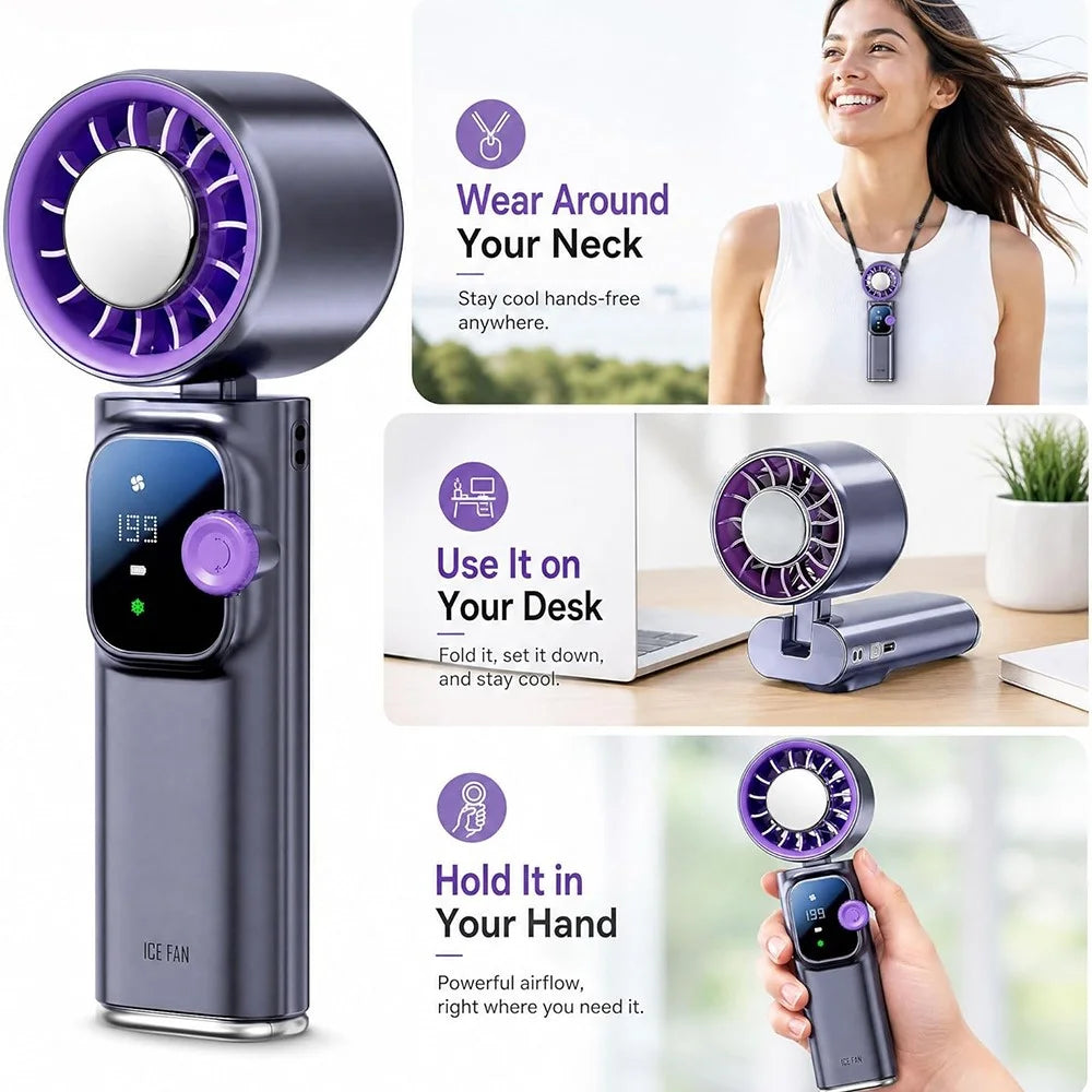 JF166 Handheld Neck TEC Cooling Fan 199-Speed Levels 4000mAh Foldable Portable USB-C Rechargeable Desktop Fan - Grey - 5