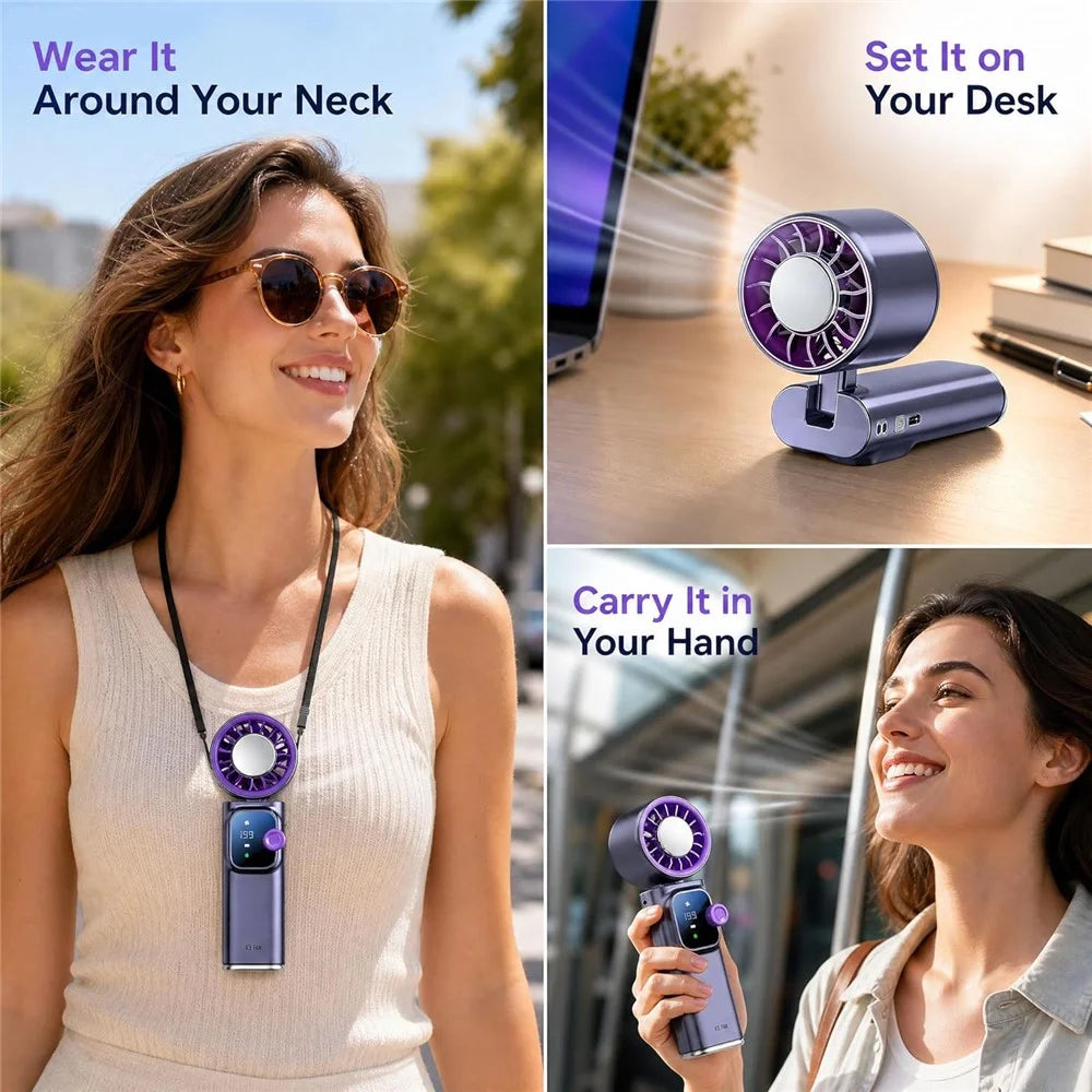 JF166 Handheld Neck TEC Cooling Fan 199-Speed Levels 4000mAh Foldable Portable USB-C Rechargeable Desktop Fan - Grey - 6