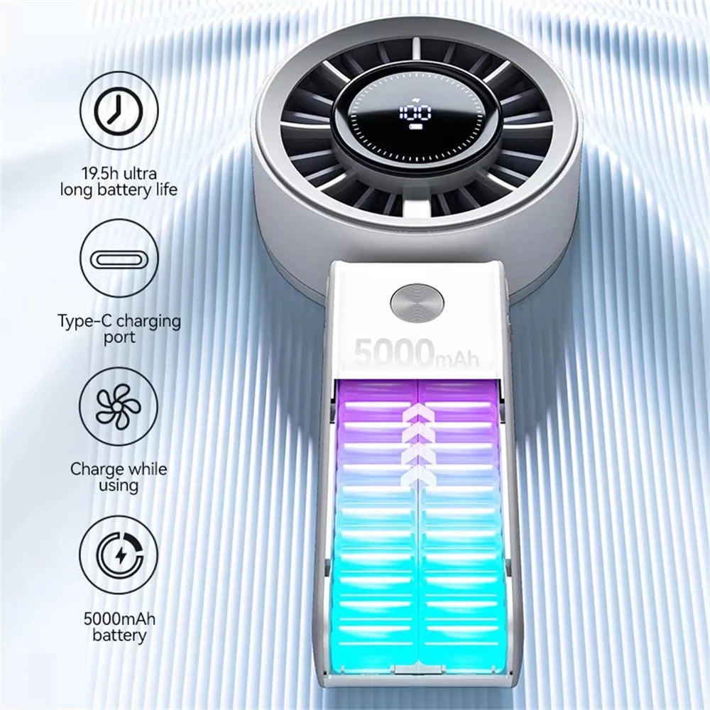JF133 Digital Display Handheld Fan Turbine Motor USB Rechargeable Portable Foldable Desktop Hanging Neck Fan - White - 5