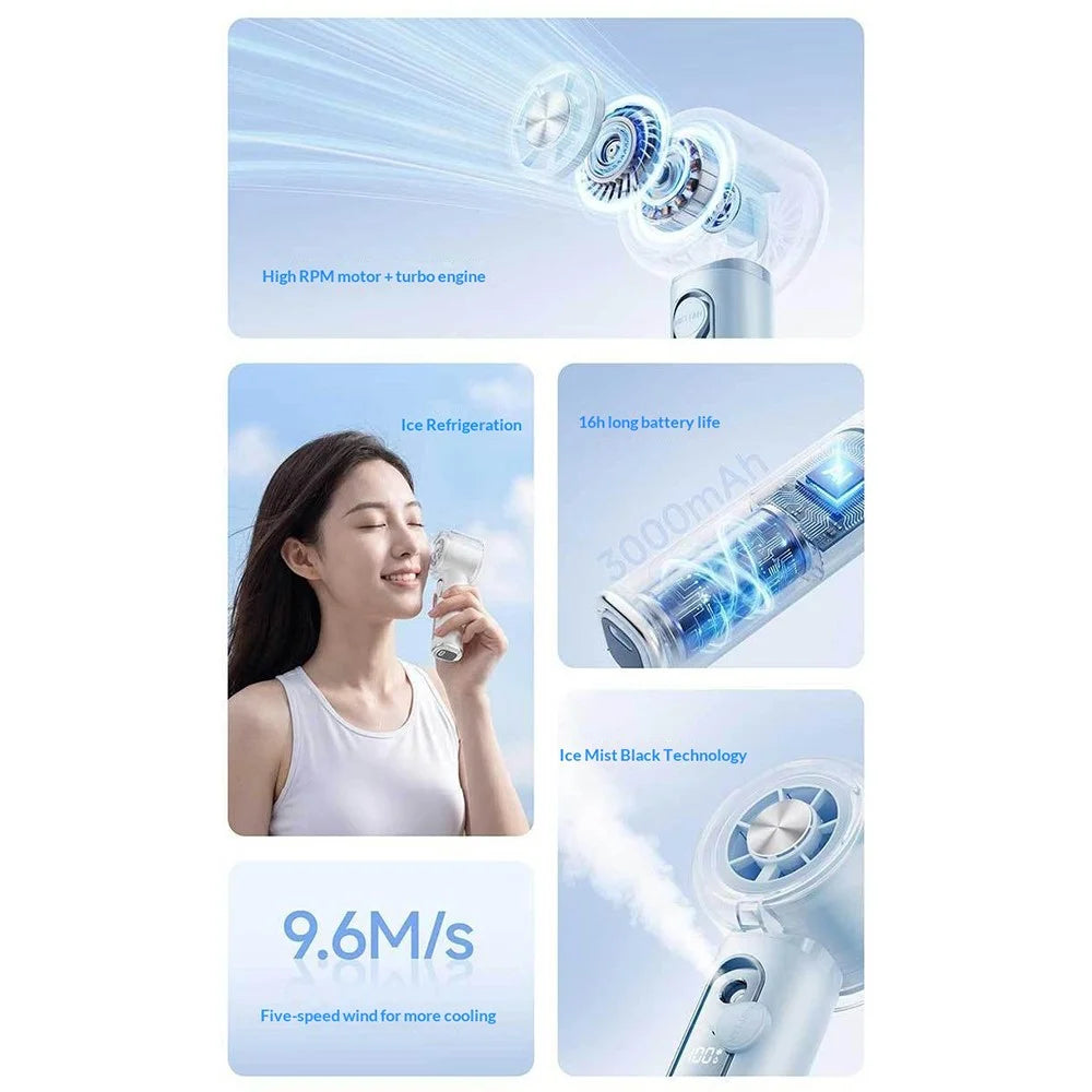 Y72 Portable Handheld Fan 3000mAh 5-Speed Smart Digital Display Ice Spray Mist Cooling Fan for Outdoor Camping Sports - Blue - 2