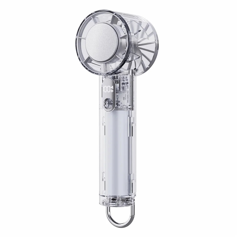 Y59 Handheld Transparent Fan 5-Speed Semiconductor Cooling Portable Mini Fan with Built-in Carabiner Hook for Outdoor Camping - White - 1