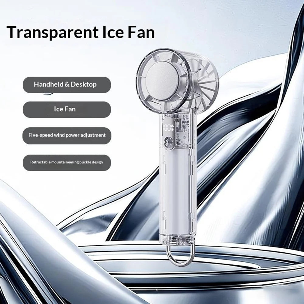 Y59 Handheld Transparent Fan 5-Speed Semiconductor Cooling Portable Mini Fan with Built-in Carabiner Hook for Outdoor Camping - White - 2