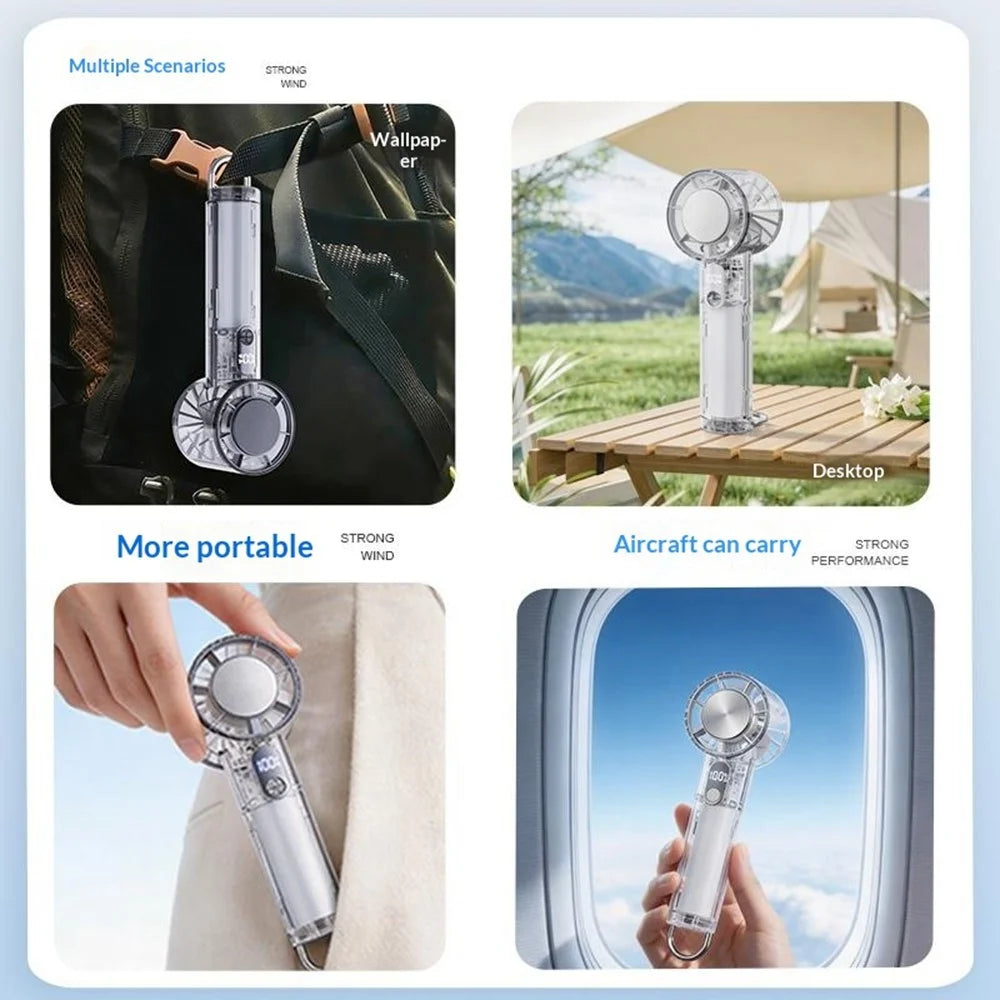 Y59 Handheld Transparent Fan 5-Speed Semiconductor Cooling Portable Mini Fan with Built-in Carabiner Hook for Outdoor Camping - White - 5