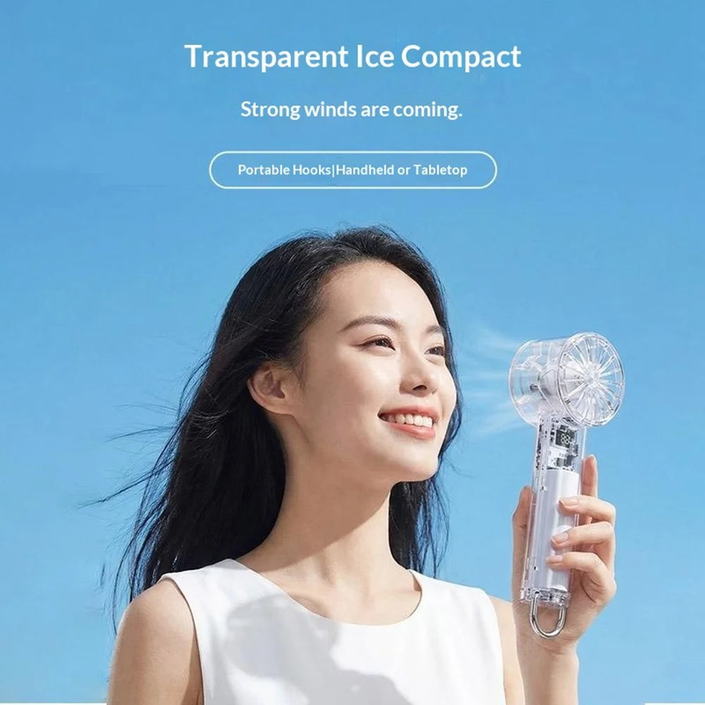 Y59 Handheld Transparent Fan 5-Speed Semiconductor Cooling Portable Mini Fan with Built-in Carabiner Hook for Outdoor Camping - White - 6