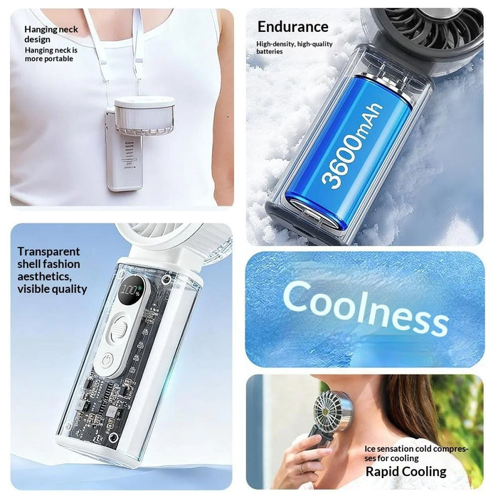 H06 Transparent Folding Handheld Neck Hanging Fan 3600mAh Semiconductor Cooling Portable Desktop Fan - White - 6