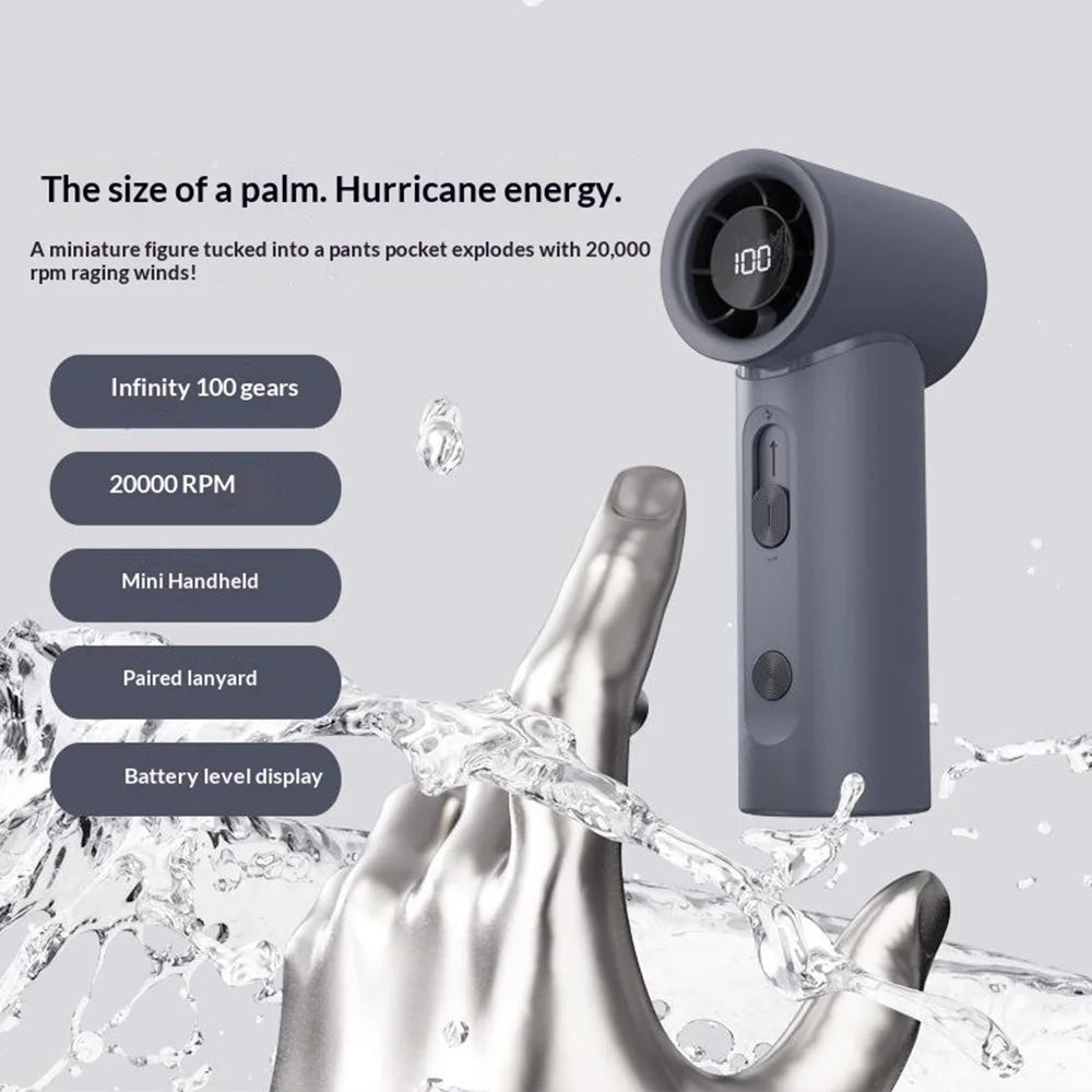 Y60 Handheld Fan Portable 20000RPM Turbo Motor 100-Speed Levels LED Display 1800mAh Mini Fan for Outdoor - Grey - 2