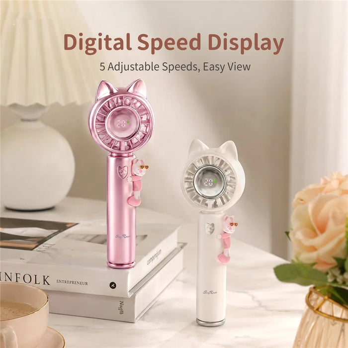SAYROSE FS-52 Cute Cat Ear Design Handheld Fan 4000mAh 13000RPM Cooling Plate Digital Display Portable Fan - Pink - 6