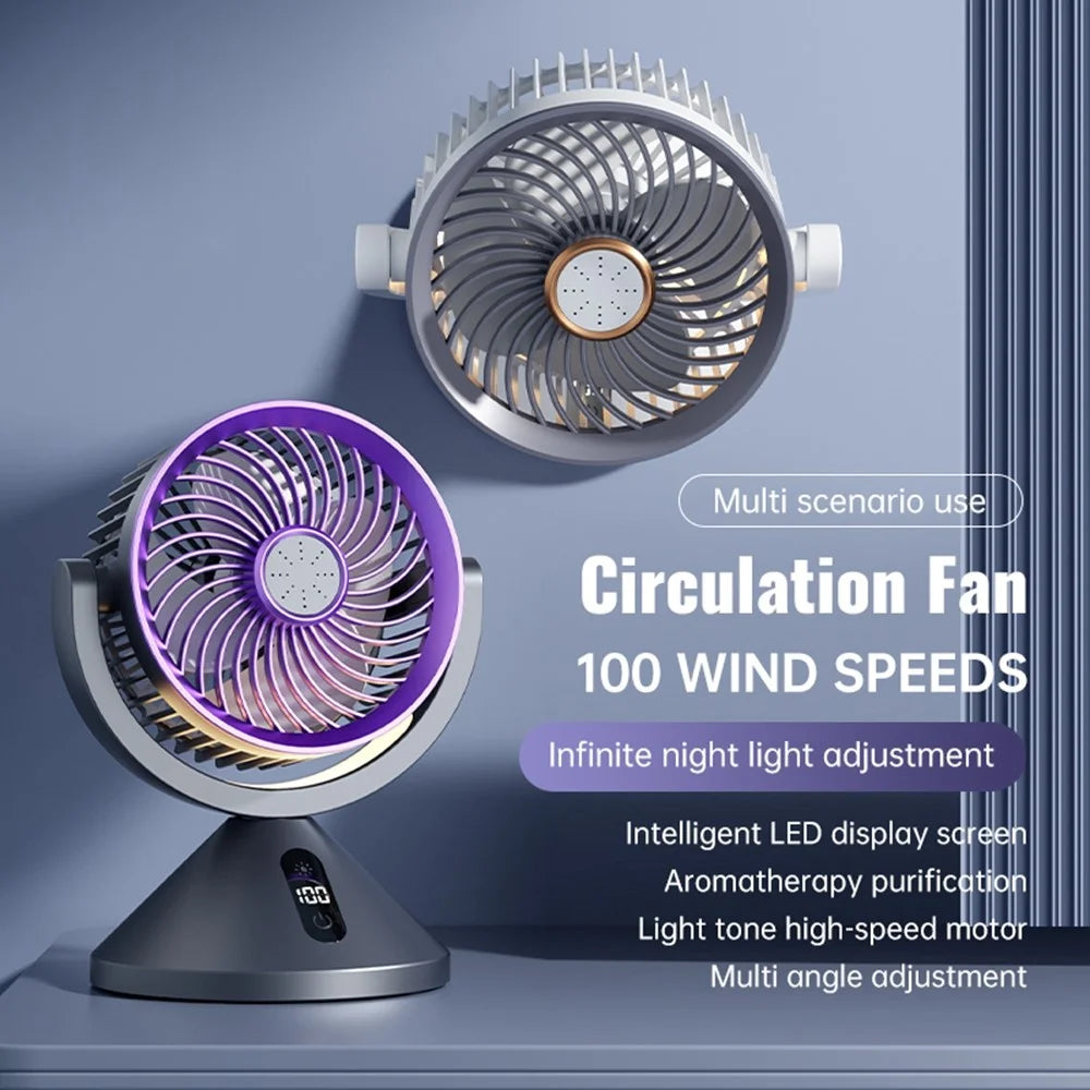 Y-7 Desktop Circulation Fan LED Display 100 Speed Stepless Adjustable Cooling Fan with Night Light for Bedroom Office Camping - Grey Purple - 7