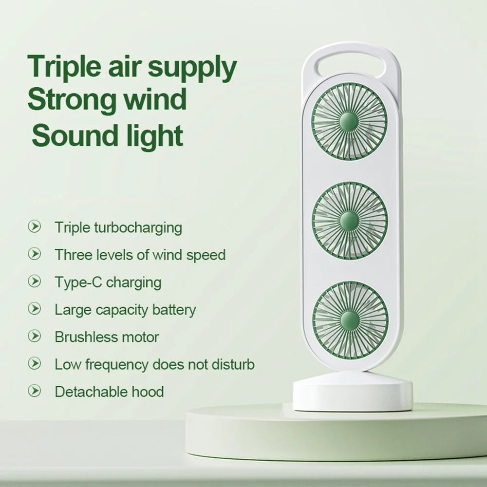S16 3-Head Desktop Fan USB Rechargeable Portable Stand Fan 3-Speed for Office Camping - Green - 2