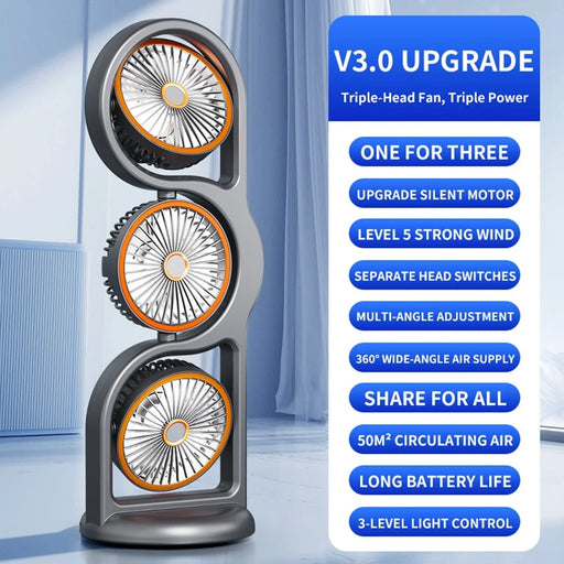 F17 3-Head Desktop Fan 5 Speeds Adjustable 360 Degree Oscillating Circulation Fan with LED Light - Grey - 2